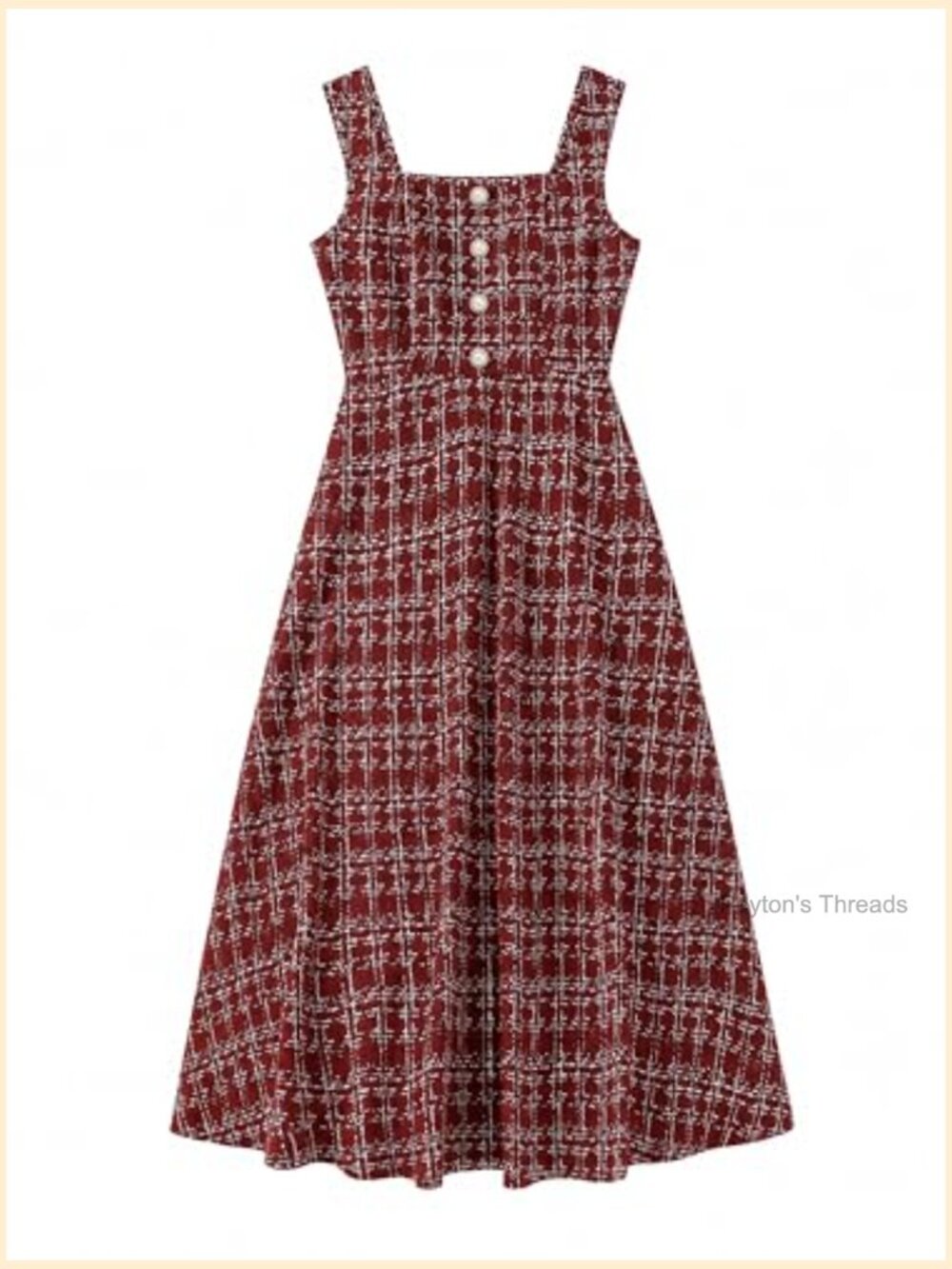 Sleeveless Midi Gingham Dress Square Neck A-Line Flowy Cottagecore - Picture 4 of 7